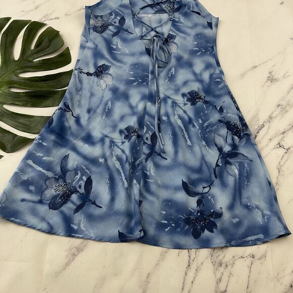 DBY Womens Vintage Y2k Mini Slip Dress Size 12 P Blue Floral Lace Up Back - Picture 9 of 9